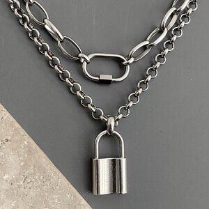 NEW, 2 layered silver necklaces; steel NON TARNISH CHAIN, plated LOCK edgy